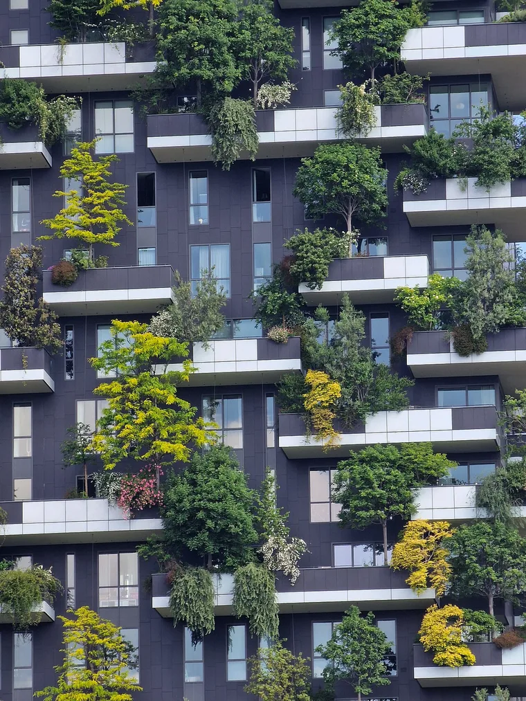 Close-up of Bosco Verticale vertical forest tower in Milan showing integrated trees and plants