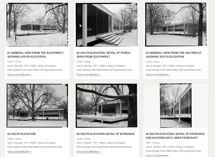 GPT-6 Astra reference gallery for Farnsworth House showing historic survey photographs of the south elevation collected before modeling