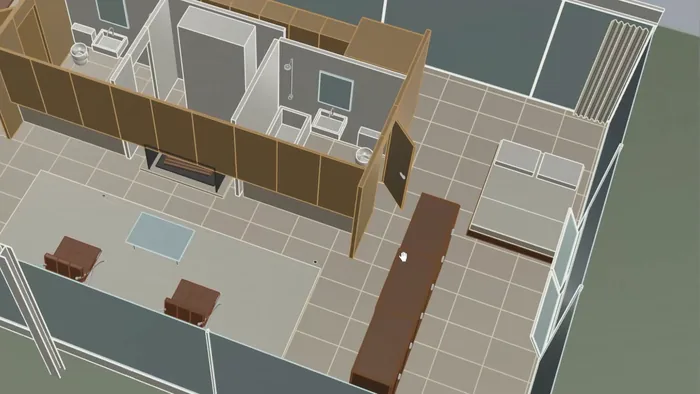Farnsworth House modeled by GPT-6 Astra in Rhino with the roof hidden, showing the core, kitchen, bathrooms and furniture