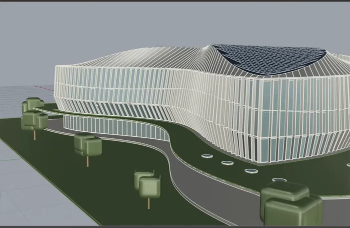 Olympic House by 3XN modeled by GPT-6 Astra in Rhino with the undulating vertical facade fins and landscaped grounds
