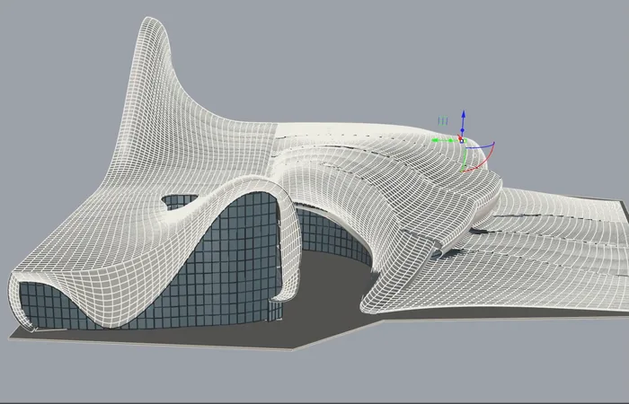 Second GPT-6 Astra attempt at the Heydar Aliyev Center in Rhino with lofted freeform shell surfaces that do not match the real building