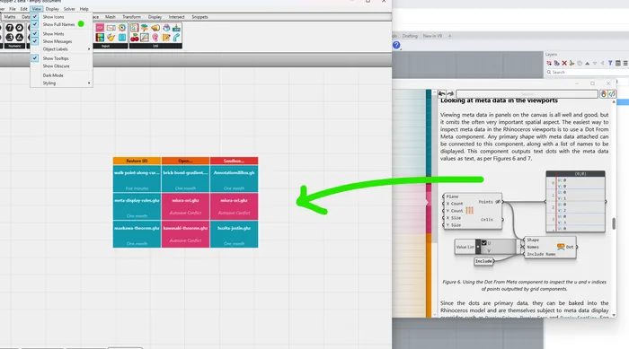 Grasshopper 2 beta canvas with the View menu open, a grid of example ghz files and the built-in help page on meta data next to the Rhino window