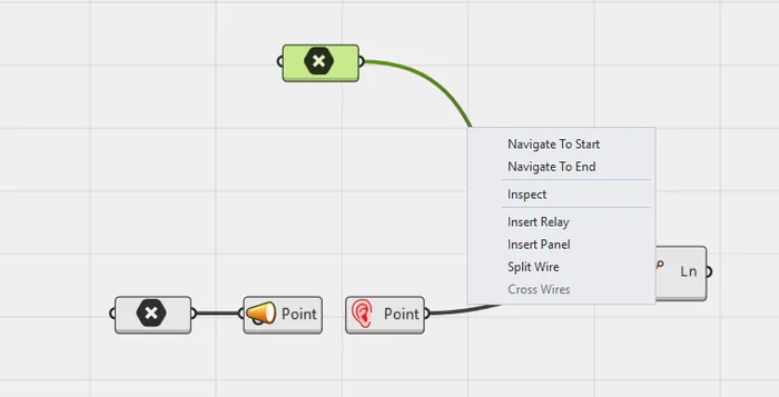 Grasshopper 2 wire menu with Navigate To Start, Navigate To End, Inspect, Insert Relay, Insert Panel and Split Wire next to a split wire shown as Shout and Listen components