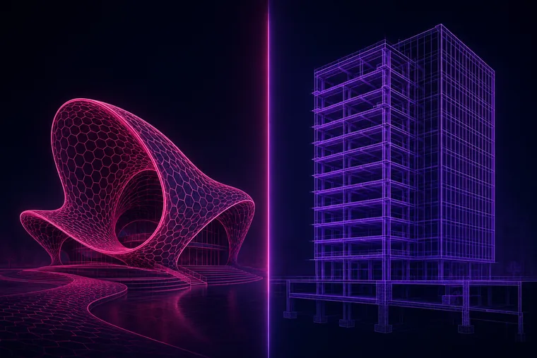 Parametric pavilion versus orthogonal building tower comparing Grasshopper and Dynamo strengths