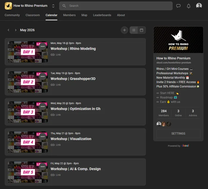 Skool calendar with scheduled live events