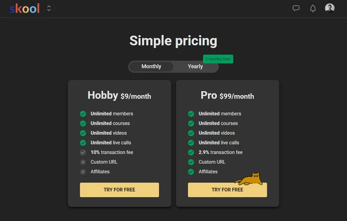 Skool Hobby vs Pro pricing comparison