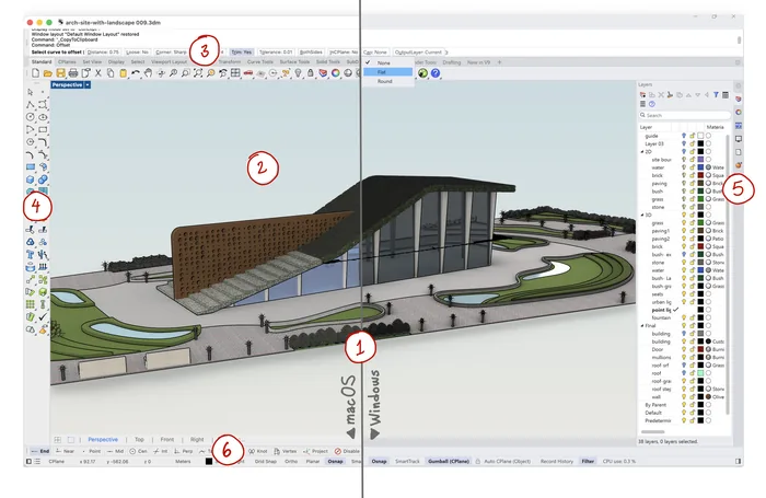 Rhino 9 beta interface shown half on macOS and half on Windows with the same command line, toolbars, layers panel and an architectural site model in the viewport