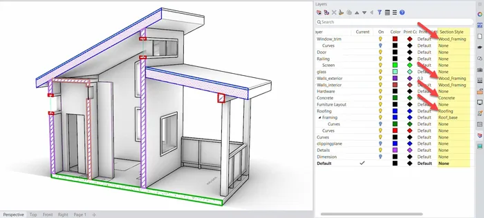 Rhino 9 beta sectioned house model with hatched cut walls and roof next to the Layers panel showing named section styles such as Wood_Framing, Concrete and Roofing