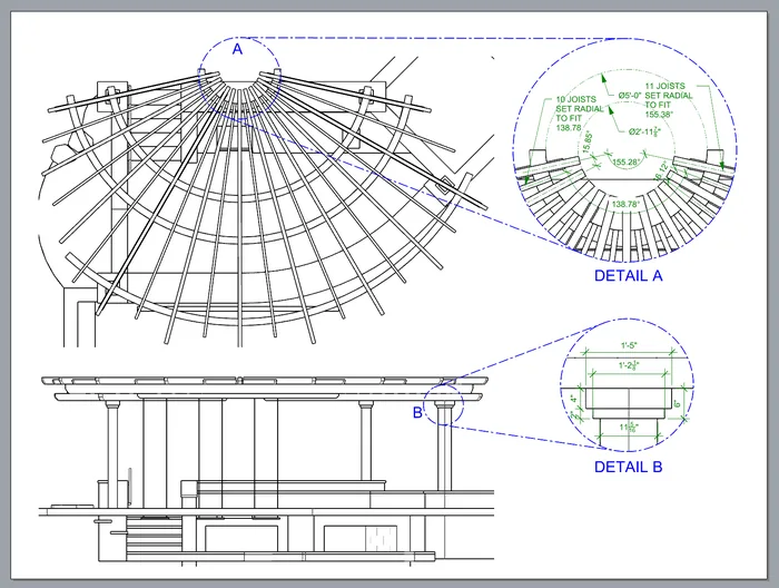 Rhino 9 beta layout with a pergola plan and elevation and two circular enlarged details labeled Detail A and Detail B with dimensions