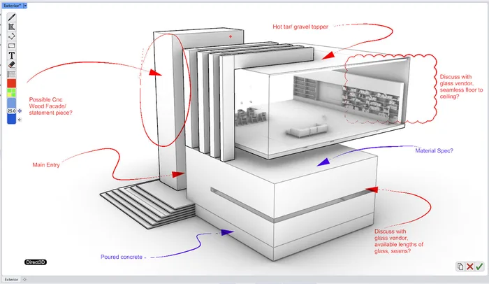 Rhino 9 beta markup on an architectural model with red and blue hand-drawn arrows, a cloud and notes about a wood facade, main entry, glass and poured concrete
