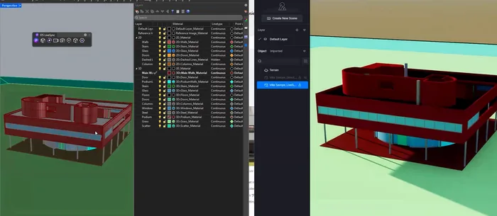 Rhino 8 with a material assigned to every layer and the D5 LiveSync toolbar open, next to D5 Render showing the linked Villa Savoye model in color