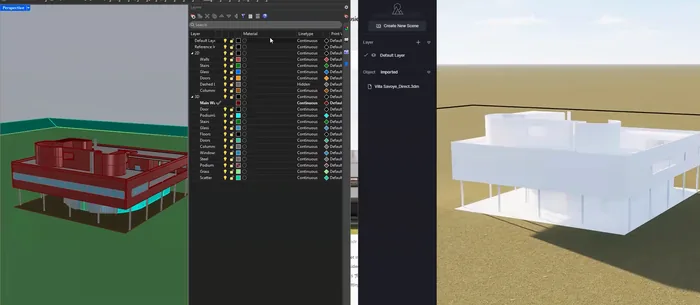 Rhino layers panel with an empty material column on the left and the same Villa Savoye model appearing completely white in D5 Render on the right