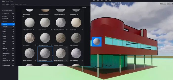 D5 Render asset library open on the concrete material category with rough concrete spheres, next to the Villa Savoye model with red placeholder walls