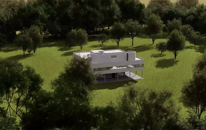 Aerial view of Villa Savoye in D5 Render surrounded by scattered trees on a sunlit lawn