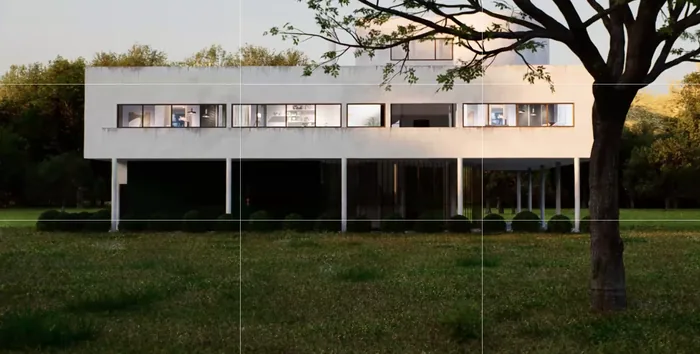 Villa Savoye in warm evening light in D5 Render with the rule of thirds grid on and a tree framing the right side of the facade