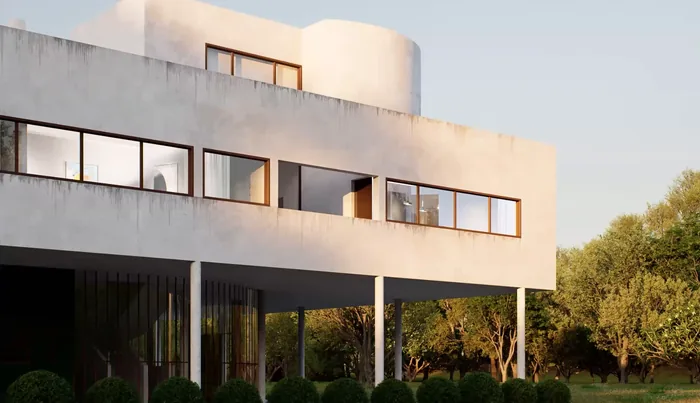 Finished D5 Render still of Villa Savoye in warm low sunlight with weathered white walls, ribbon windows and hedges below the pilotis