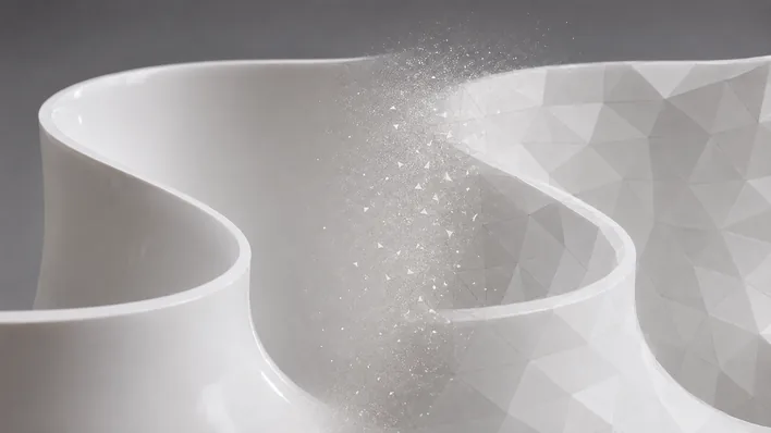 Identical curved architectural ribbon wall shown smooth on one side and built from polygon facets on the other, illustrating NURBS precision versus mesh approximation