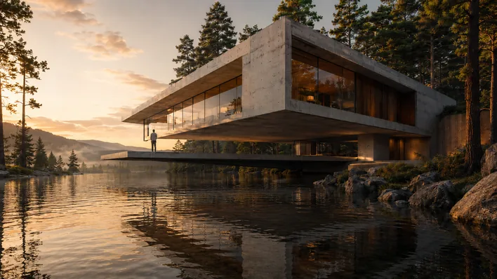 Photorealistic architectural visualization of a modern minimalist concrete and glass house at golden hour, cantilevered over a still reflection pool