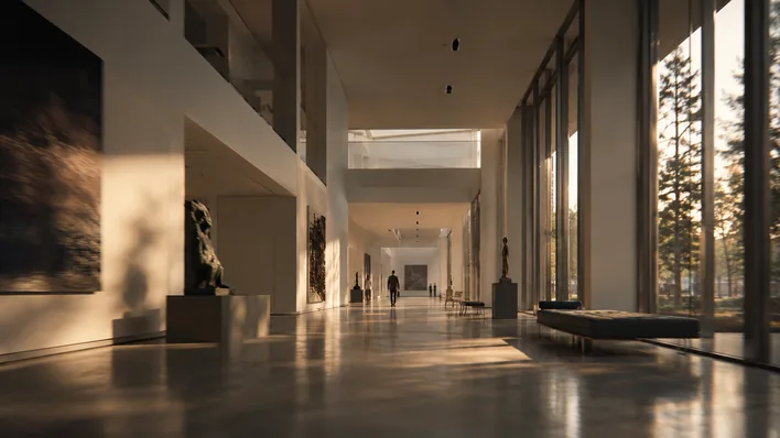 Cinematic still frame from an architectural walkthrough showing a long double-height gallery interior bathed in late afternoon light