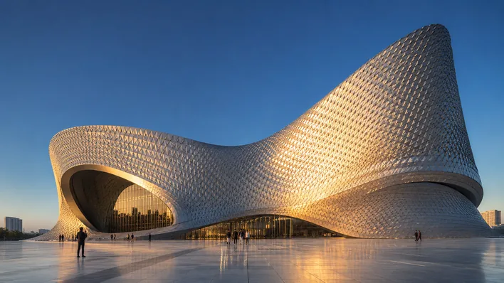 Contemporary cultural building with a complex parametric facade made of thousands of rotated triangular metal panels shifting in density across the surface