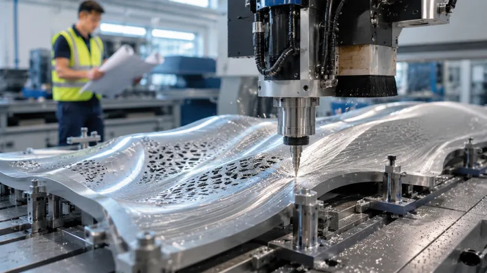 Industrial CNC router cutting a complex curved aluminum architectural facade panel inside a fabrication workshop