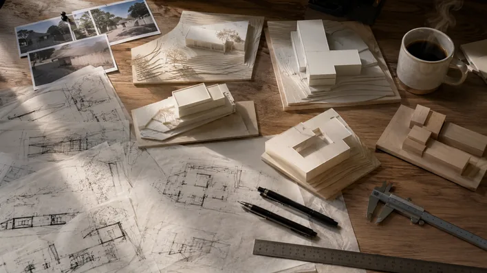 Top-down view of an architect's desk during early design exploration with multiple foam study models, layered tracing-paper sketches, scale ruler, and a coffee cup
