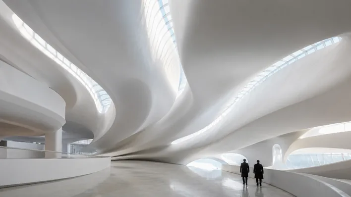 Vast contemporary museum atrium with a flowing sculptural ceiling that curves and folds like draped fabric, daylight washing down through skylights cut along the ridges