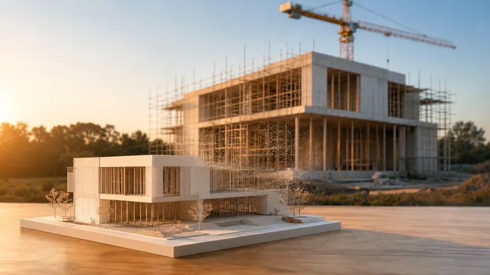 Sharply lit white architectural study model on a wooden table in the foreground, the same building under construction with crane and scaffolding softly defocused in the background, design and construction shown together
