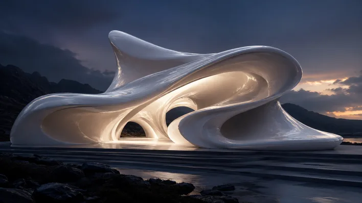 Sculptural conceptual pavilion with smooth flowing organic surfaces, the kind of form Rhino's SubD subdivision modeling tools make possible