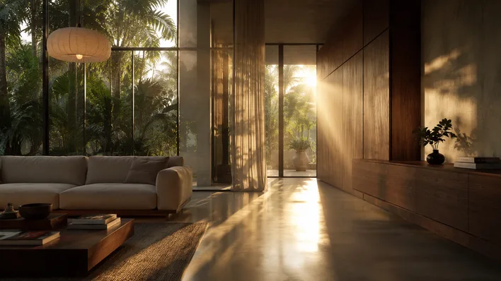Photorealistic interior render with warm afternoon light streaming through floor-to-ceiling glazing onto polished concrete and custom wood interiors, the kind of quality Rhino's clean geometry enables for V-Ray and Enscape