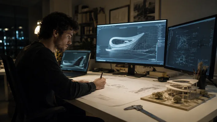 Architect working late at a multi-monitor studio with complex 3D parametric geometry on screen, focused on mastering Rhino's deeper toolset