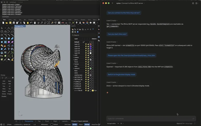 Claude connected to the Rhino MCP server from outside Rhino, starting a Rhino WIP session, opening a 3dm file and switching the viewport to Ghosted display