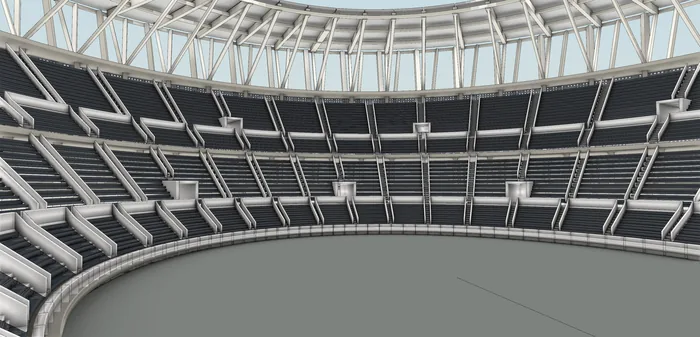 Stadium seating bowl modeled with RhinoAI and GPT-6 Astra showing tunnel entrances set back from the field, aisles and the steel roof structure