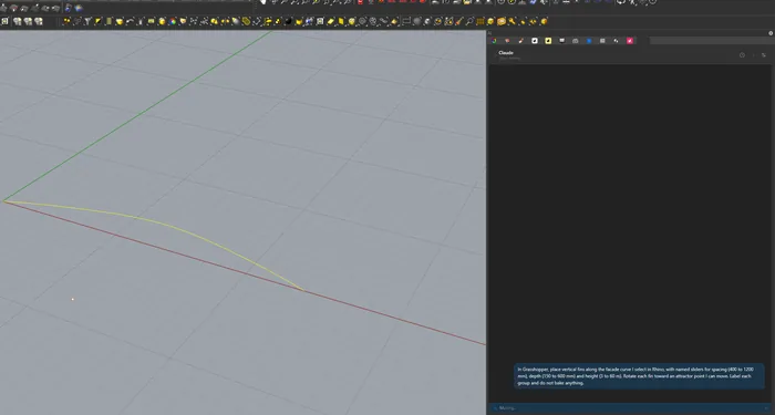 Rhino 8 with the AI panel docked on the right, Claude selected and the facade fin prompt running, next to the test scene with a curved facade line and an attractor point