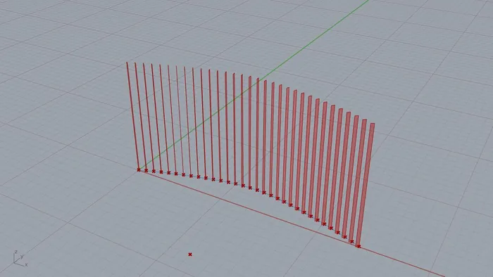 Rhino viewport with 32 thin vertical fins along a curved facade line, each turned toward a red attractor point in front of them
