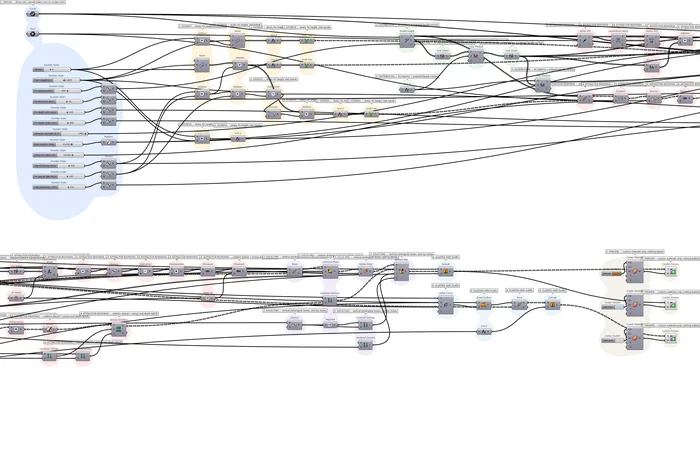 The complete four-storey facade definition in Grasshopper, 100 components with long wires running across seven colored groups, shown in two rows
