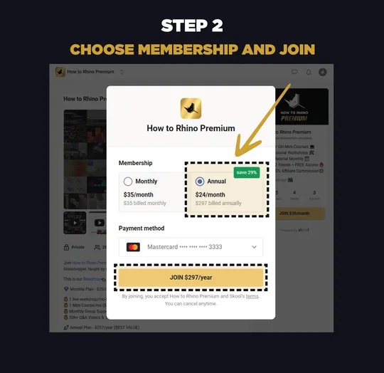 Skool membership selection with the Annual $297 plan highlighted