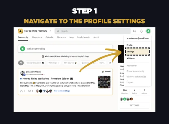 Skool profile dropdown with Settings highlighted