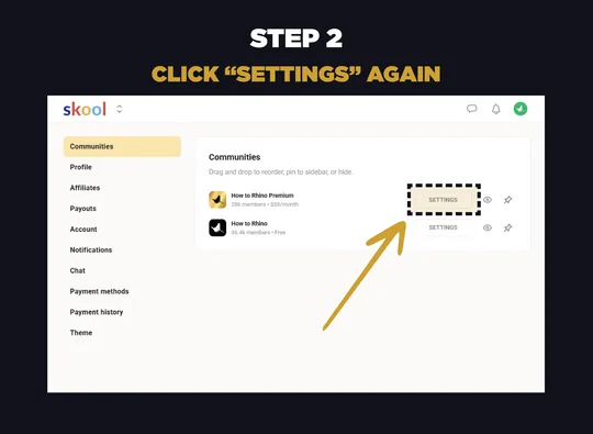 Skool Communities settings panel with How to Rhino Premium row highlighted