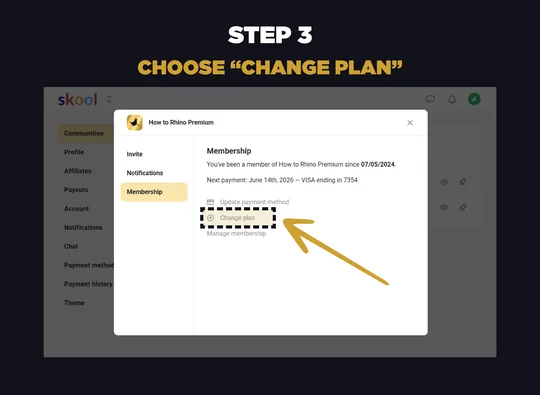 Skool membership panel with Change plan highlighted