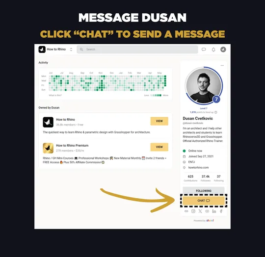 Dusan's Skool profile with the Chat button highlighted