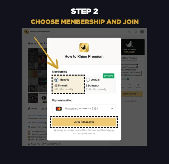 Skool membership selection with the Monthly $35 plan highlighted