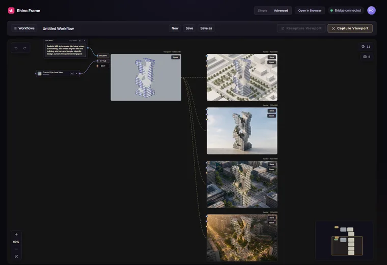 RhinoFrame node-based rendering workflow with viewport, prompt, and reference images