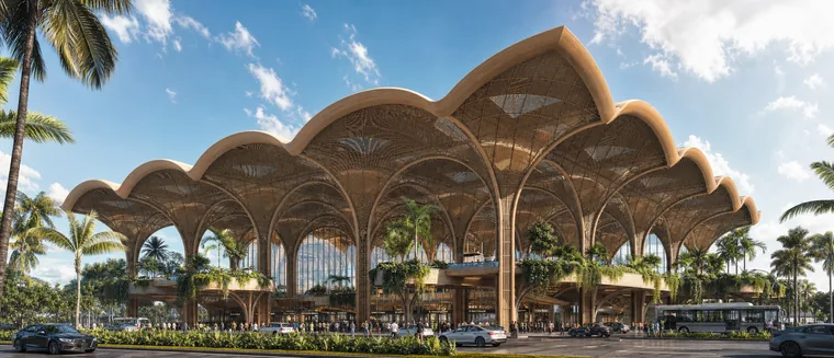 Visualization of the finished latticed airport canopy with palm trees and travelers below