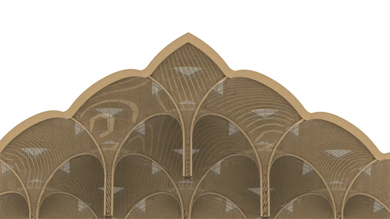 The latticed airport canopy modeled in Grasshopper, with arched roof modules and diagrid panels