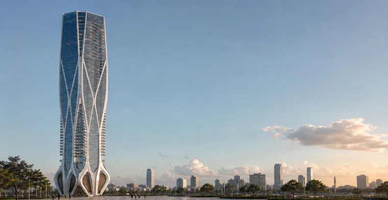 Zaha Hadid's One Thousand Museum modeled in Rhino, with the exoskeleton facade and Miami skyline