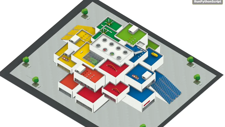 LEGO House by BIG modeled by GPT 6 Astra in Rhino, with the colored gallery volumes stacked around the central square