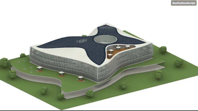 Olympic House by 3XN modeled by GPT 6 Astra in Rhino, seen in the Rhino perspective viewport with the finished facade and landscape