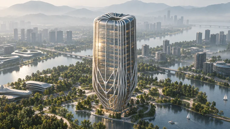 Aerial render of the finished tower with its white branching facade structure, set among trees and water with a city skyline behind