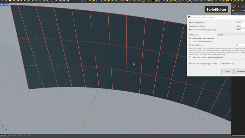 The CurveMullions preview dialog building a mullion grid across a doubly curved glass surface